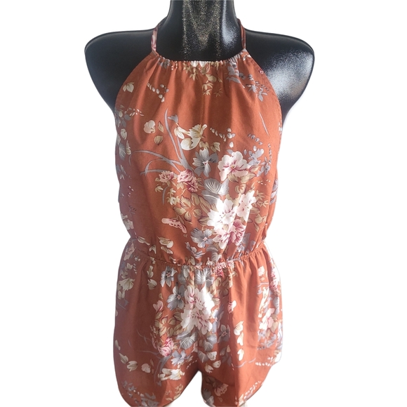 Shein Rust Colored Floral Halter Neck Romper XL - Picture 1 of 4